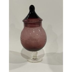 Vintage Etched Glass Amethyst Empoli? Footed Apothecary Jar